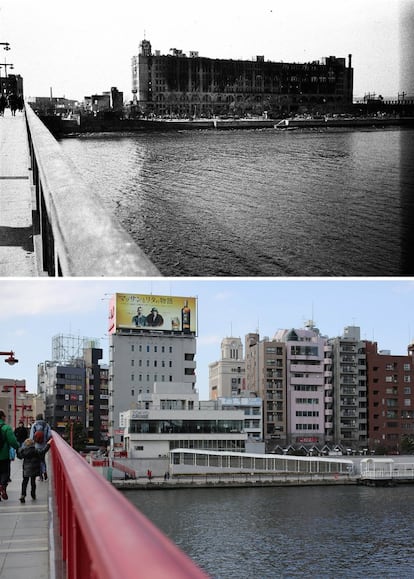 Imagen de los grandes almacenes de Matsuya, en el distrito de Asakusa, destruidos tras el bombardeo del 10 de marzo de 1945. La fotografía fue tomada desde el puente Azuma el 19 de marzo. Una imagen tomada 70 años después, el 7 de marzo, muestra los mismos grandes almacenes, rodeados de nuevos edificios.