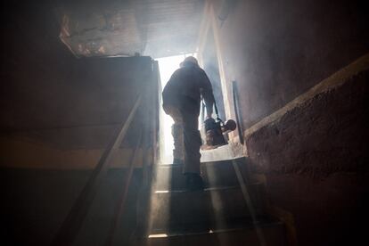 Trabajadores especialistas de la Dirección General de Salud Ambiental participan en una jornada de fumigación contra mosquitos en un barrio caraqueño de venezuela.