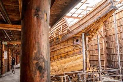 Reconstruction of the ship 'San Juan' in the shipyard-museum of the Albaola project, in the Pasaia estuary.