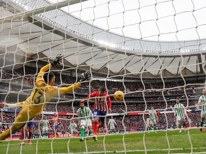 MADRID, 03/03/2024.- El delantero del Atlético de Madrid Álvaro Morata (c) marca el segundo gol para su equipo ante el Betis durante el partido de la jornada 27 de LaLiga EA Sports entre el Atlético de Madrid y el Betis, este domingo en el estadio Cívitas Metropolitano en Madrid.- EFE/ Mariscal
DEP030324