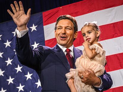 Republican gubernatorial candidate for Florida Ron DeSantis holds his daughter Mamie during an election night watch party at the Convention Center in Tampa, Florida.