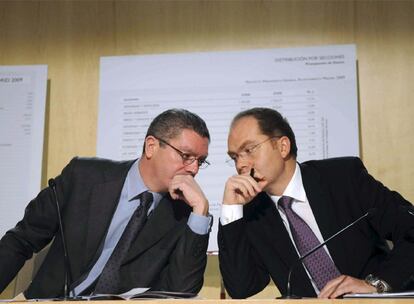 Ruiz-Gallardon y Juan Bravo, durante la presentación de los presupuestos del Ayuntamiento para 2009.