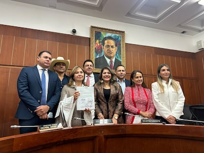 Los senadores José Alfredo Marín, Alirio Barrera, Norma Hurtados, Miguel Pinto Hernández, Lorena Ríos Cuéllar, Honorio Enríquez, Berenica Bedoya y Nadia Blel Scaff, este miércoles.