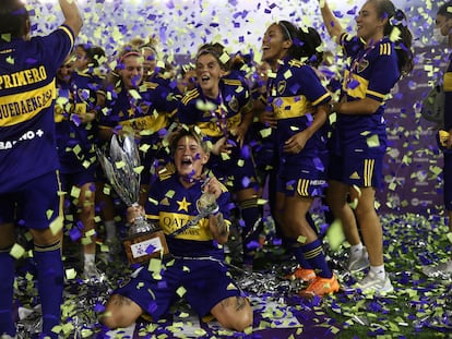 Boca Juniors players celebrate winning the league title in January, 2021.