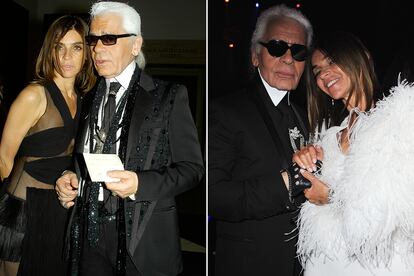 A la izda., Carine con Karl en 2004 (ese año colaboraron en la colección cápsula que el alemán diseñó para H&M; y a la dcha., el tándem creativo en 2011, tras la marcha inespera de Roitfedl de Vogue.