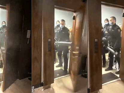 Secuencia del derribo de la puerta por parte de la Policía Nacional por la celebración de una fiesta ilegal en un piso de Madrid el pasado marzo.