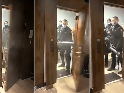 Así derribó la policía la puerta de una vivienda para detener una fiesta ilegal en Madrid