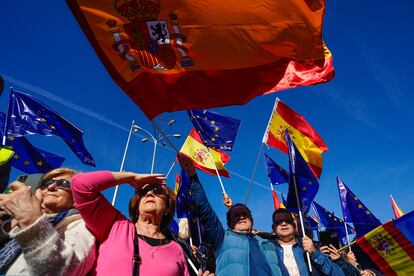 Participantes en la manifestación contra la amnistía, en Madrid, este sábado. 
