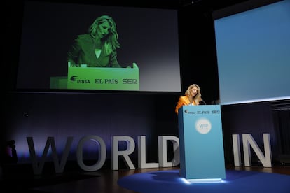 La vicepresidenta segunda y ministra de Trabajo, Yolanda Díaz, durante su intervención en el foro World in Progress, este lunes.