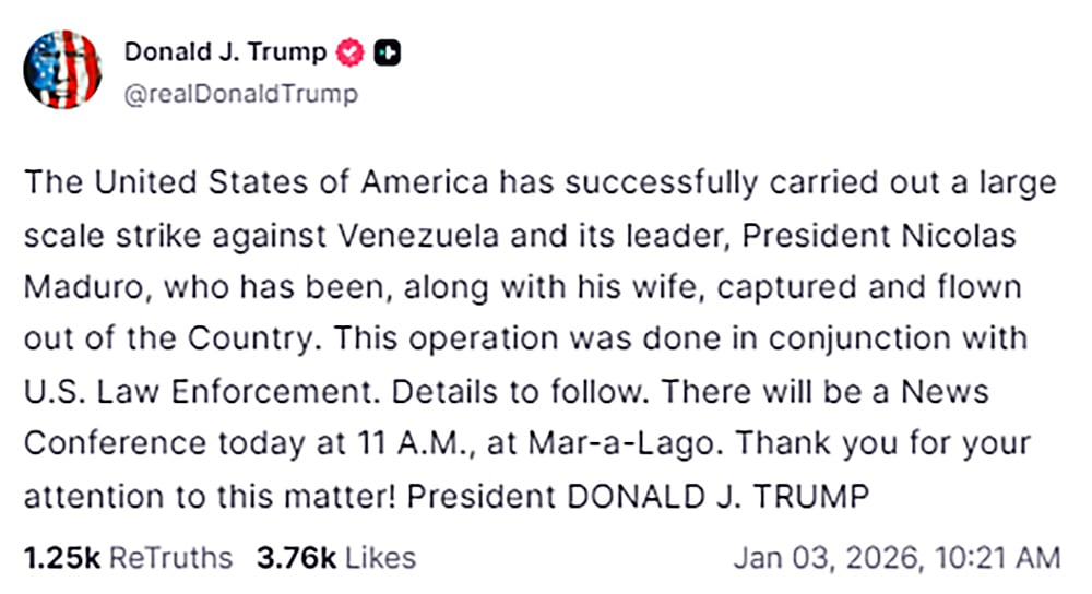 Trump dice que Maduro ha sido capturado y trasladado fuera de Venezuela