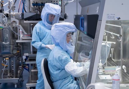 Los auxiliares de laboratorio de BioNtech simulan la producción de la vacuna contra la covid-19 en la nueva planta de producción de Marburgo. 