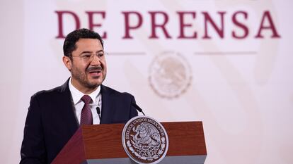 Martí Batres participa en la conferencia matutina del presidente de México, en Palacio Nacional, el 2 de mayo de 2024.