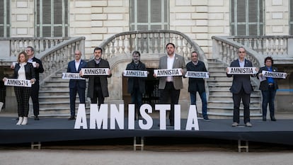 Carme Forcadell, Quim Forn, Raül Romeva, Jordi Sanchez, Jordi Cuixart, Oriol Junqueras, Josep Rull, Jordi Turull y Dolors Bassa, en 2021.