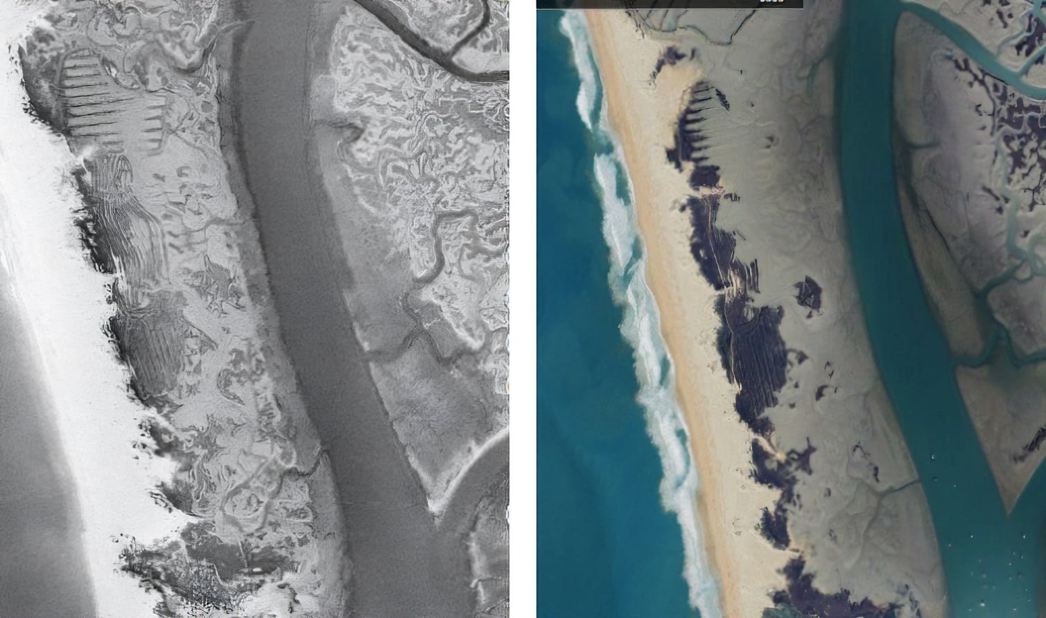 Degradación de las salinas de San Nicolás, entre 1945 y 2026, en dos imágenes de Google Earth.