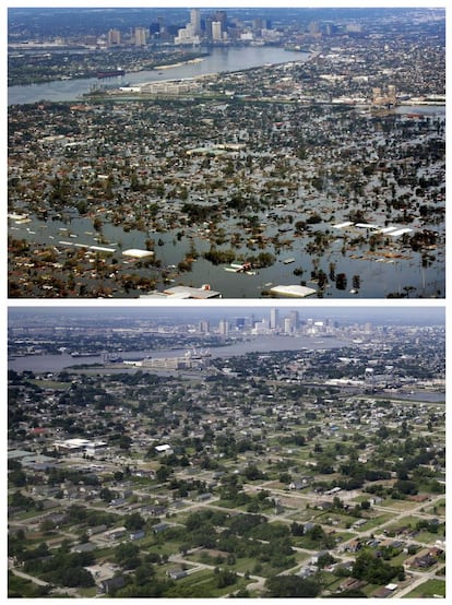 <B> 9,52 millones.</B> El número de turistas en 2014. Se acerca a la cifra previa al Katrina, 10,1 en 2004. En 2006, el año posterior al Katrina, se desplomó a 3,7 millones. En la imagen, vista aérea de Nueva Orleans en agosto de 2005 y en julio de 2015.