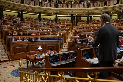 El presidente del PP, Alberto Núñez Feijóo, durante su intervención en la sesión de control al Gobierno este miércoles en el Congreso.