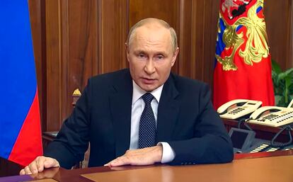 Imagen de la retransmisión televisada del discurso a la nación de Vladímir Putin, este miércoles. 