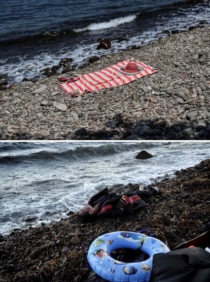 En la imagen superior, las pertenencias de un turista en la orilla de una playa de la isla de Lesbos (Grecia). En la imagen inferior, el cuerpo de un hombre ahogado  junto a un flotador en la orilla de esa misma playa, el 1 de noviembre de 2015.