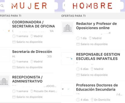 Resultados de ofertas de empleo recibidas por E. G. en su currículum como hombre y como mujer.