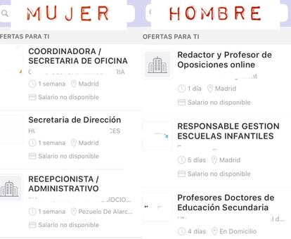 Resultados de ofertas de empleo recibidas por E. G. en su currículum como hombre y como mujer.