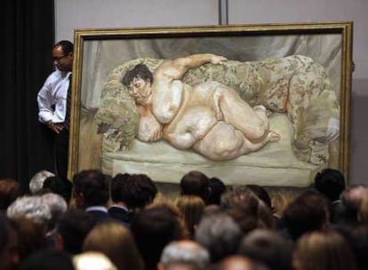 Subasta de <i>Benefits supervisor sleeping,</i> de Lucian Freud, que se vendió por 21,7 millones de euros en Christie's de Nueva York el pasado mes de mayo, sin alcanzar las previsiones.