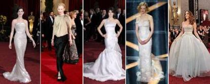 De izquierda a derecha, Anne Hathaway (Armani Privé), Tilda Swinton (Lanvin), Marisa Tomei (Versace Atelier), Nicole Kidman (L'Wren Scott) y Sarah Jessica Parker (Dior).