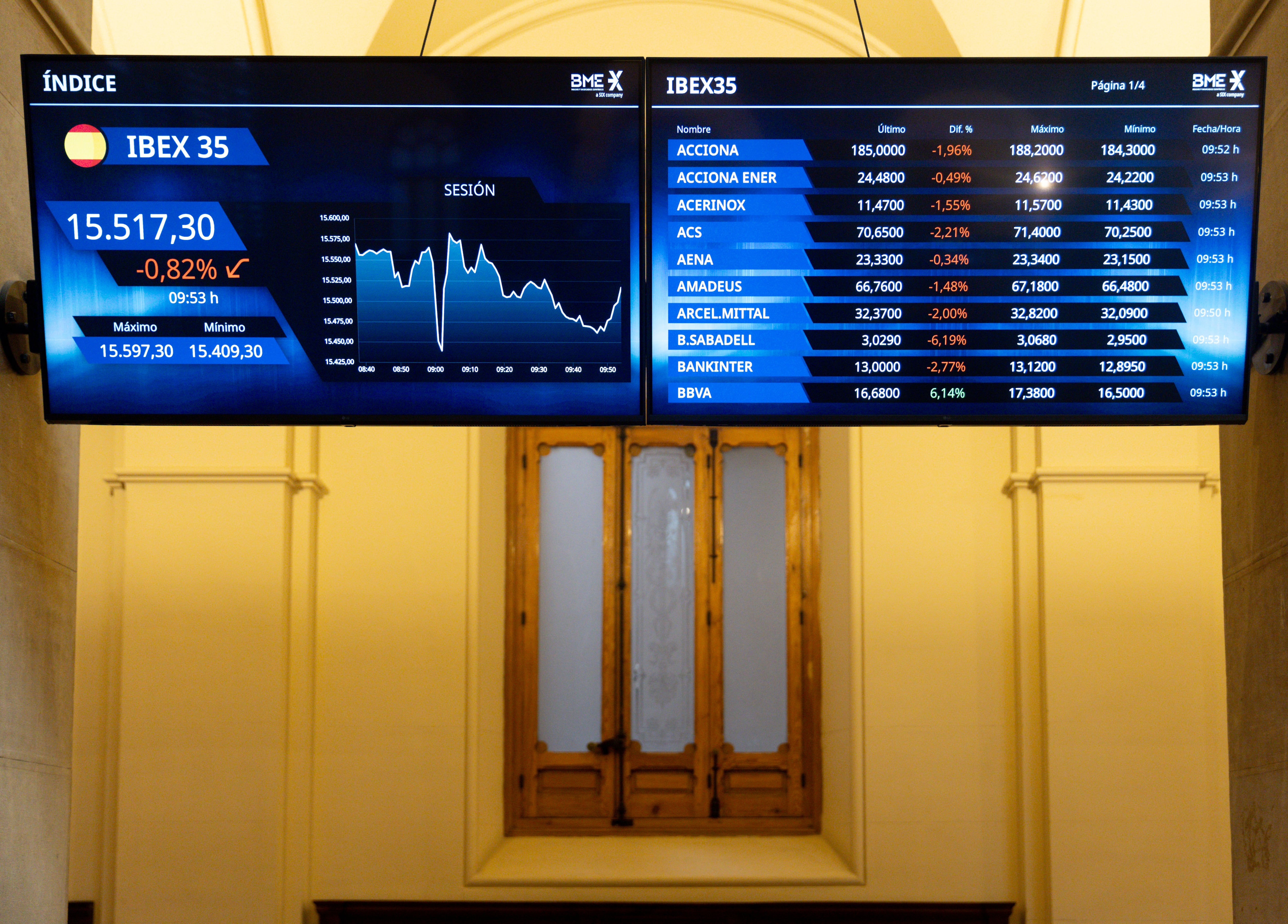 Un panel informativo en el Palacio de la Bolsa de Madrid.