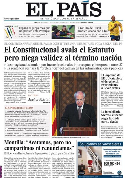 29 de junio de 2010. El Constitucional avala el Estatuto, pero anula 14 preceptos e interpreta otros 27. Por ejemplo, elimina el carácter preferente del catalán en las Administraciones públicas.