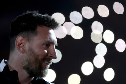 Argentinian soccer player Lionel Messi smiles during Maximiliano Rodriguez's farewell match at Marcelo Bielsa stadium in Rosario, Argentina