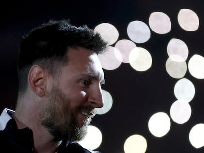 Argentinian soccer player Lionel Messi smiles during Maximiliano Rodriguez's farewell match at Marcelo Bielsa stadium in Rosario, Argentina, on June 24, 2023.