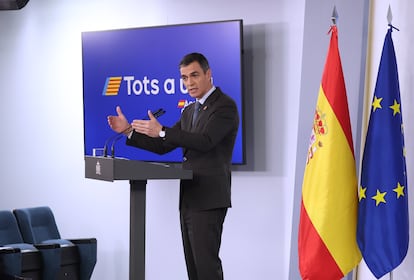 El presidente del Gobierno, Pedro Sánchez, ofrece una rueda de prensa al término de la reunión del Consejo de Ministros, este martes en Madrid.