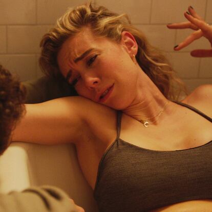 This image released by Netflix shows Shia LeBeouf, left, and Vanessa Kirby in a scene from "Pieces of a Woman." (Benjamin Loeb/Netflix via AP)