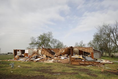 A home sits in rubble on Thursday, April 20, 2023, after a storm hit Shawnee Oklahoma
