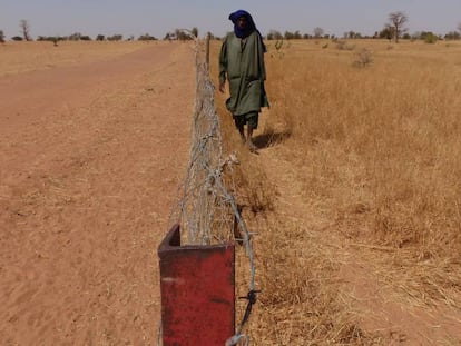 Demba Sow, tras la valla que separa la zona de plantación de forraje contra la desertificación, en Mbar Toubab, Senegal.