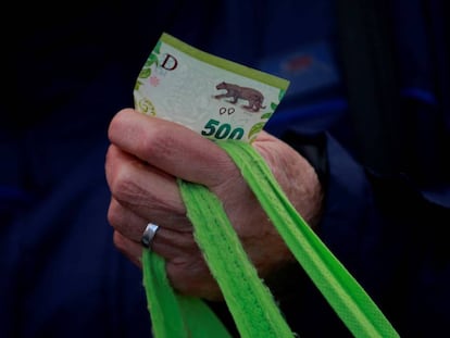 Fotografía de archivo en la que se registró un billete de quinientos pesos argentinos en la mano de una ciudadana al hacer sus compras, en la Ciudad de Buenos Aires (Argentina). EFE/Demian Alday Estévez