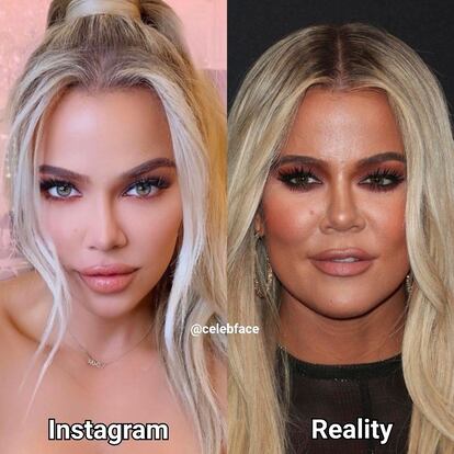 Khloe Kardashian
De pibonéxicos Instagram está lleno. Una buena prueba de ello es la cuenta @celebface, que bajo el lema Bienvenidos a la realidad, sube comparativas de imágenes en las que se pueden comprobar las ilusiones ópticas y alteraciones morfológicas de influencers y famosos en la imagen corporal que proyectan a sus seguidores. Como bien prueba esta imagen, retocada, de otra integrante del clan Kardashian.