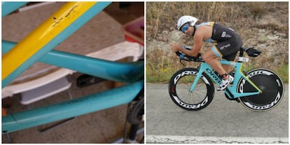 El triatleta mallorquín Carlos López y, a la izquierda, los daños en su bicicleta.