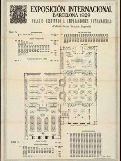 Planta del Palau de Victòria Eugènia el 1929, amb els estands dels diferents països.