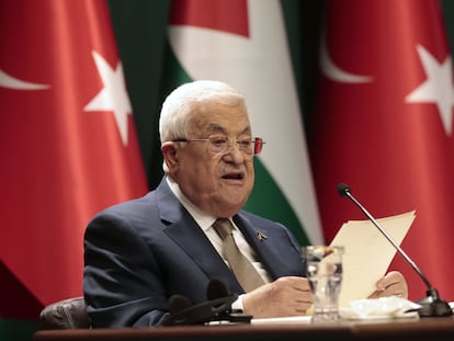 Palestinian President Mahmoud Abbas attends a press conference with Turkish president following their meeting in Ankara, Turkey, 05 March 2024.