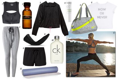 YOGA. 1. Bershka Crop top con cremallera y abertura en la espalda. 2. Kiehls Since 1851 Aceite de almizcle. 3. Oysho Chaqueta con print de leopardo y capucha. 4. Caudale Blsamo labial. 5. Nike Bolsa de deporte bicolor. 6. Oysho Camiseta oversize con leyenda. 7. Mango Pantaln baggy. 8. Adidas by Stella McCartney Zapatilla de rejilla. 9. Roxy. 10. Calvin Klein Eau de toilette unisex ck one by Calvin Klein. 11. Reebok Shorts con cordn en la cintura. 12. Adidas by Stella McCartney Esterilla de yoga.