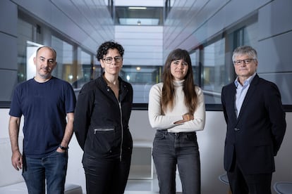The authors of the study published in 'Cancer Discovery,' from left to right: IRB researchers, Abel González-Pérez, Núria López-Bigas and Mònica Sánchez-Guixé; and the oncologist at the Sant Joan de Déu Hospital, Jaume Mora.