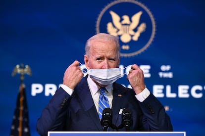 O presidente eleito dos EUA, Joe Biden, durante o anúncio do plano na quinta-feira em Wilmington (Delaware).