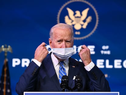 El presidente electo de EE UU, Joe Biden, durante su anuncio de este jueves en Wilmington (Delaware).