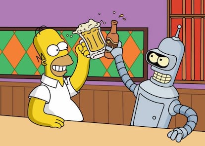 Homer y Bender brindan con cerveza artesana e industrial, respectivamente.