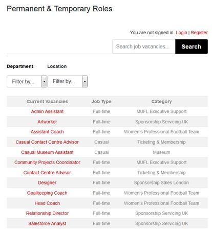 La búsqueda de empleo en la página del Manchester United.