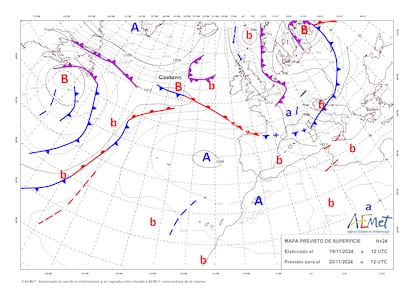 La borrasca 'Caetano', en el mapa de isobaras facilitado por la Aemet previsto para este mircoles.