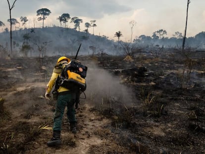 Un bombero lucha contra el fuego en un incendio forestal en Nova Fronteria, en la ciudad de Novo Progresso, en el estado de Para, en la Amazonía de Brasil, en septiembre.