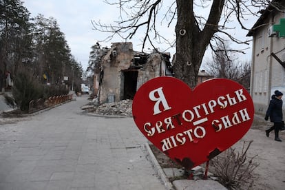 The main street in Sviatohirsk, partially destroyed, last February.
