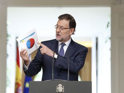 Mariano Rajoy mostra un gràfic durant la conferència de premsa d'aquest divendres a la Moncloa.