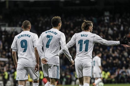 Benzema, Cristiano y Bale el pasado s&aacute;bado durante el partido contra la Real Sociedad. 